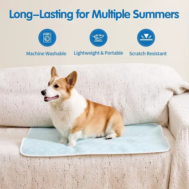 Alt view image 7 of 7 - Pet Cooling Mat Scratch Resistant QMAX>0.5 Instant 6-12°F Drop No Water or Electricity Needed Self Cooling Crate Mat for Bed, Floor, Car Travel Indoor Outdoor Summer Use Light Blue 24" x 18"