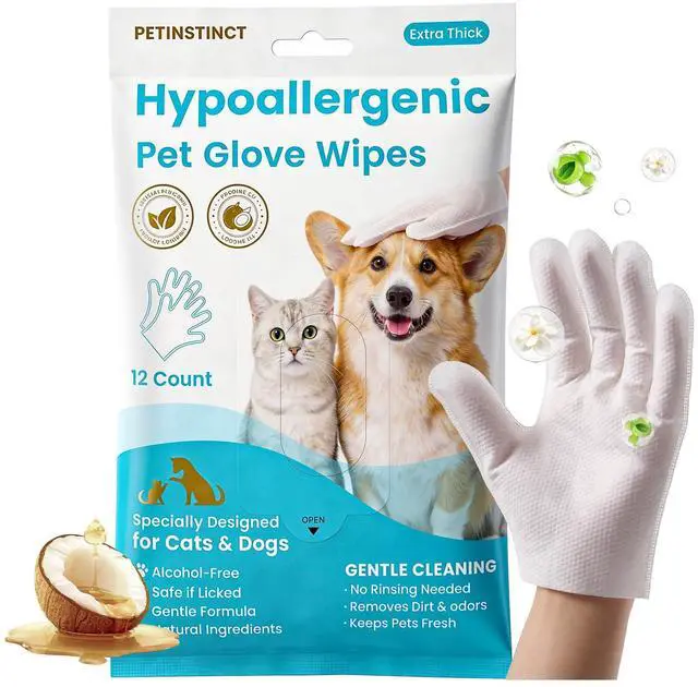 Main image of Extra Thick Pet Glove Wipes for Dogs Cats, Double Moisture No-Rinse Deodorizing Grooming Gloves for Paws, Body, Ears & Eyes, Hypoallergenic Dog Cleaning Wipes, Coconut Scent, 12 Count