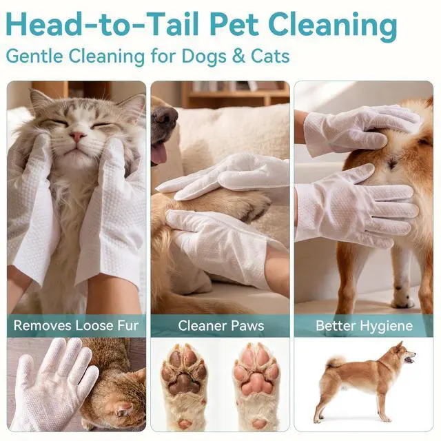 Alt view image 3 of 7 - Extra Thick Pet Glove Wipes for Dogs Cats, Double Moisture No-Rinse Deodorizing Grooming Gloves for Paws, Body, Ears & Eyes, Hypoallergenic Dog Cleaning Wipes, Coconut Scent, 12 Count