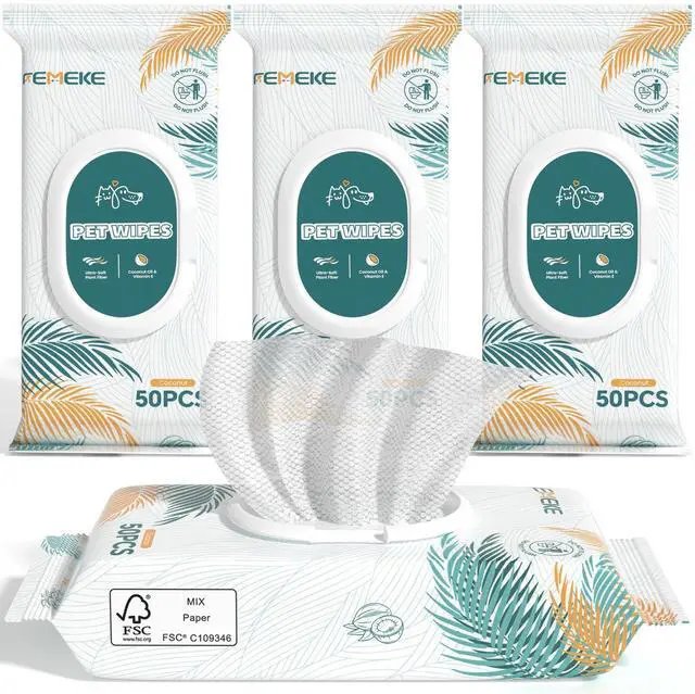 Main image of 200 Count Dog Wipes & Cat Wipes (4x50 Packs) | Hypoallergenic, pH Balanced for Paws, Body, Face & Grooming |All-Natural Plant Fiber Wipes with Aloe, Coconut Oil & Vitamin E |Pearl Texture