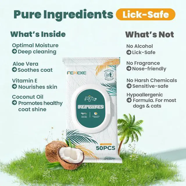 Alt view image 5 of 6 - 200 Count Dog Wipes & Cat Wipes (4x50 Packs) | Hypoallergenic, pH Balanced for Paws, Body, Face & Grooming |All-Natural Plant Fiber Wipes with Aloe, Coconut Oil & Vitamin E |Pearl Texture