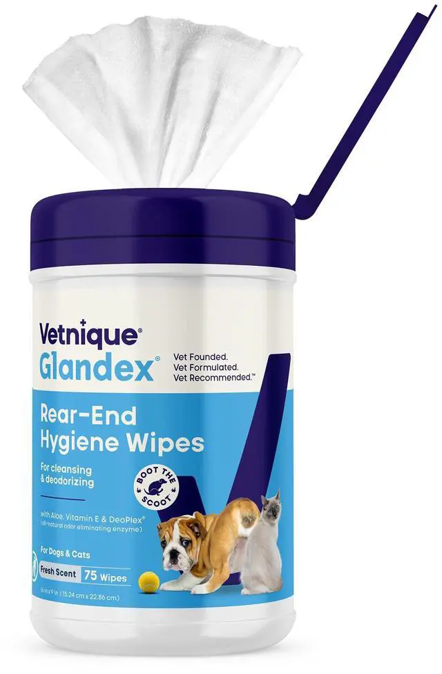 Main image of Glandex Rear End Wipes for Dogs & Cats, Anal Gland Hygiene & Deodorizing Dog Wipes for Paws and Butt, Boot The Scoot with DeoPlex Enzyme, Aloe & Vitamin E (75ct)