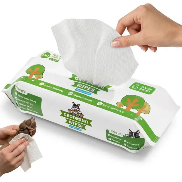 Main image of Dog Grooming Wipes Hypoallergenic Pet Wipes for Paws, Body & Butt Cleaning & Hydrating, Fragrance Free, 100 Count