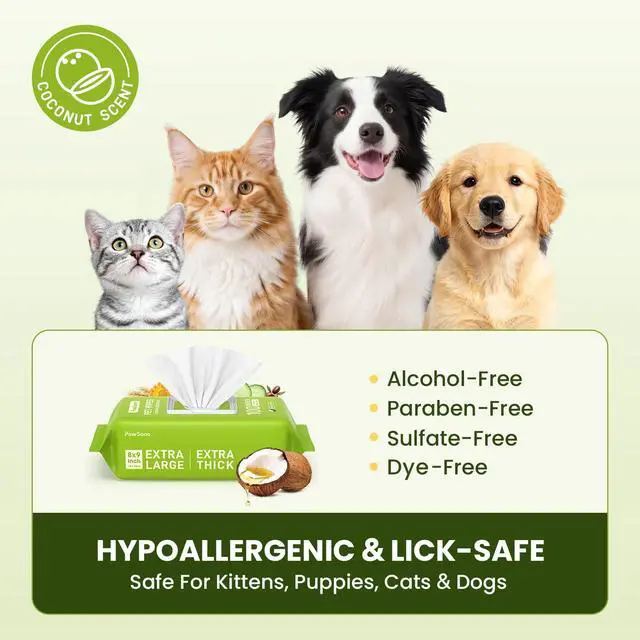 Alt view image 3 of 7 - Hypoallergenic Pet Wipes for Dogs, Cats & Small Animals Quick Clean & Deodorize Paws, Butt, Eyes, Face & Fur | Daily Grooming Wipes | Extra Large & Thick | Coconut Scented, 100 Count