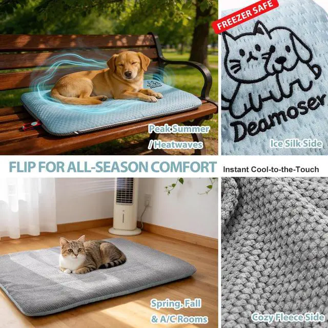 Alt view image 2 of 7 - Dual-Sided Cooling Mat for Dogs & Cats Ice Silk & Corn Fleece, Washable Pet Cooling Pad for Summer Heat Relief, Portable for Crates, Car,Strollers & All Seasons