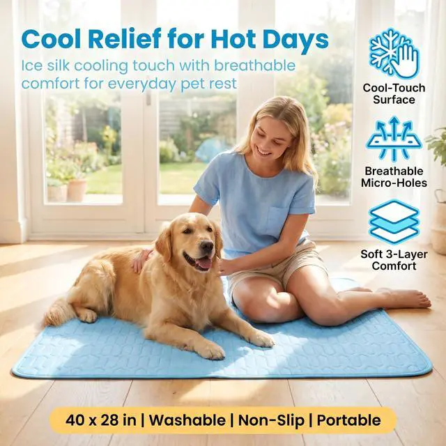 Alt view image 2 of 7 - Dog Cooling Mat for Dogs, 40 x 28 in Ice Silk Pet Cooling Pad, Blue