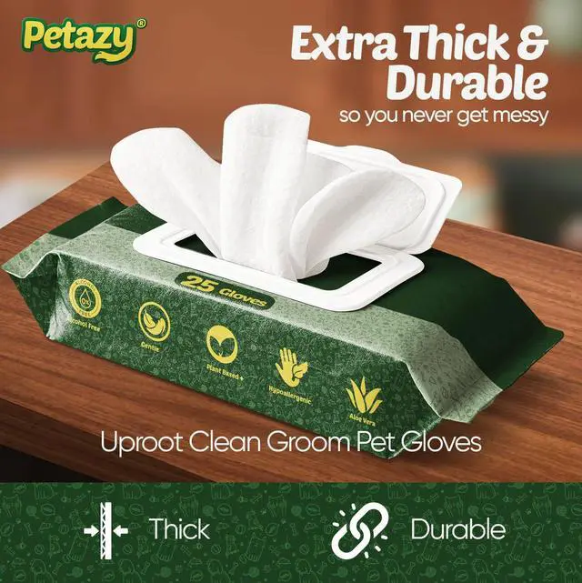 Alt view image 3 of 7 - Pet Glove Wipes for Dogs & Cats Hypoallergenic Thick Cleaning Gloves with Aloe & Coconut Oil for Paws, Face, Ears & Butt, Instant No Rinse Grooming Wipes to Deodorize and Hydrate, 25 Pack