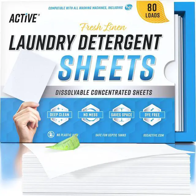 Main image of Laundry Detergent Sheets Eco Washing Strips - 80 Loads, Liquidless Fresh Scented Clothes Washer Sheet, Zero Waste Travel Laundry Strip, Dissolvable Space Saving Sheets for HE - Linen Scent