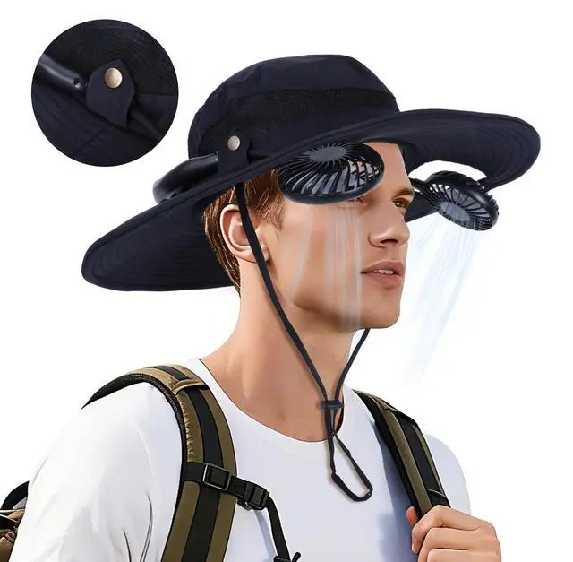Main image of Wide Brim Hat with Fan, 2-in-1 Hat Fan with Detachable Neck Fan, Sombrero para El Sol Hombre Cooling Hats for Women Vacation Essentials for Beach, Camping, for Men Women(Black)