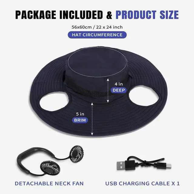 Alt view image 2 of 7 - Wide Brim Hat with Fan, 2-in-1 Hat Fan with Detachable Neck Fan, Sombrero para El Sol Hombre Cooling Hats for Women Vacation Essentials for Beach, Camping, for Men Women(Black)