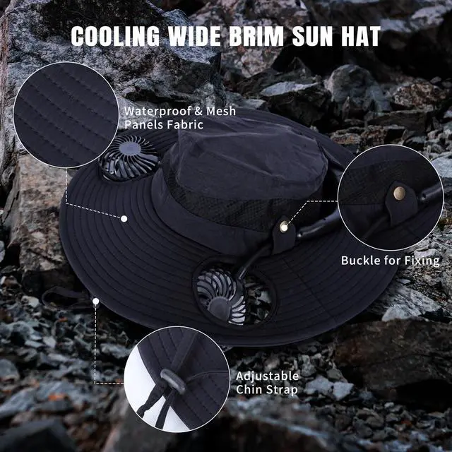 Alt view image 4 of 7 - Wide Brim Hat with Fan, 2-in-1 Hat Fan with Detachable Neck Fan, Sombrero para El Sol Hombre Cooling Hats for Women Vacation Essentials for Beach, Camping, for Men Women(Black)