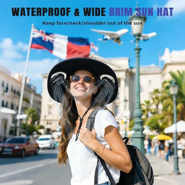 Alt view image 6 of 7 - Wide Brim Hat with Fan, 2-in-1 Hat Fan with Detachable Neck Fan, Sombrero para El Sol Hombre Cooling Hats for Women Vacation Essentials for Beach, Camping, for Men Women(Black)