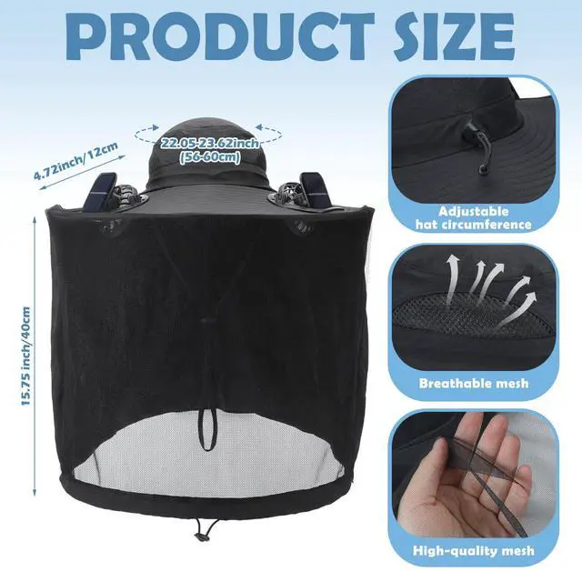 Alt view image 2 of 6 - Mosquito Net Hat with 2 Solar Fan Wide Brim Sun Hat with Neck Flap Breathable UPF 50+ for Camping Hiking Fishing(Black)