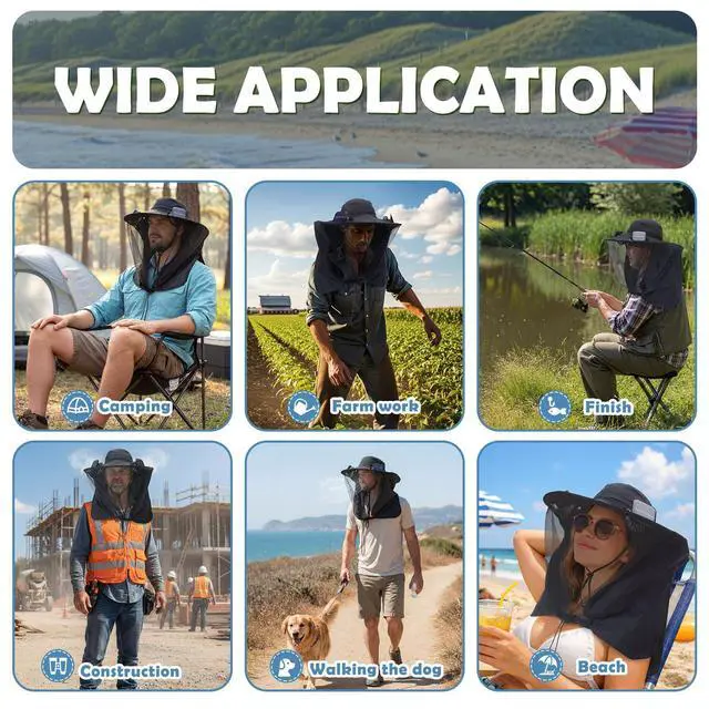 Alt view image 6 of 6 - Mosquito Net Hat with 2 Solar Fan Wide Brim Sun Hat with Neck Flap Breathable UPF 50+ for Camping Hiking Fishing(Black)