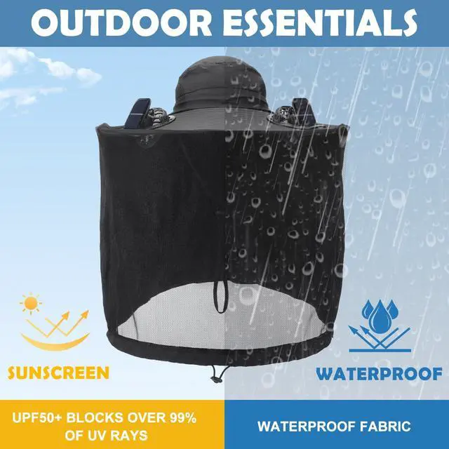 Alt view image 5 of 6 - Mosquito Net Hat with 2 Solar Fan Wide Brim Sun Hat with Neck Flap Breathable UPF 50+ for Camping Hiking Fishing(Black)