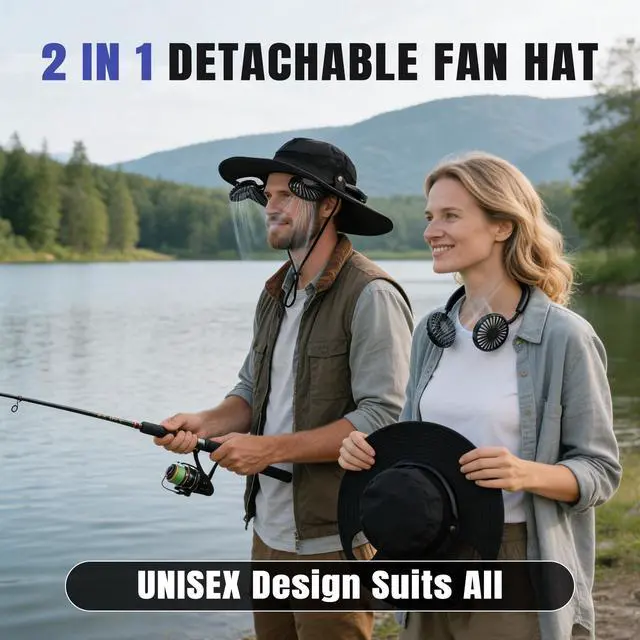 Alt view image 5 of 7 - Wide Brim Hat with Fan, 2-in-1 Hat Fan with Detachable Neck Fan, Sombrero para El Sol Hombre Cooling Hats for Women Vacation Essentials for Beach, Camping, for Men Women(Black)