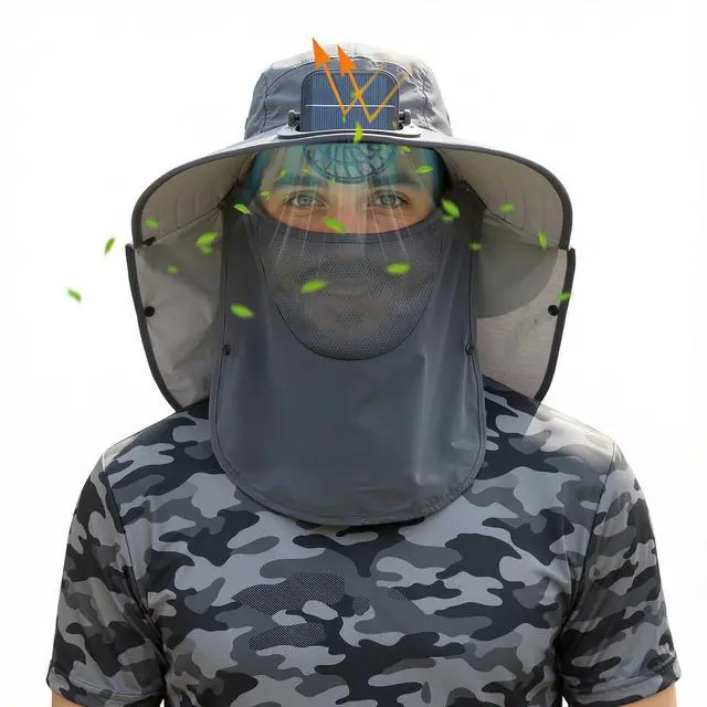 Main image of Solar Fan Hat Outdoor Fishing Hat with Neck Flap and Face Mask USB and Solar Powered for Men Women Sun Protection(Dark Gray)