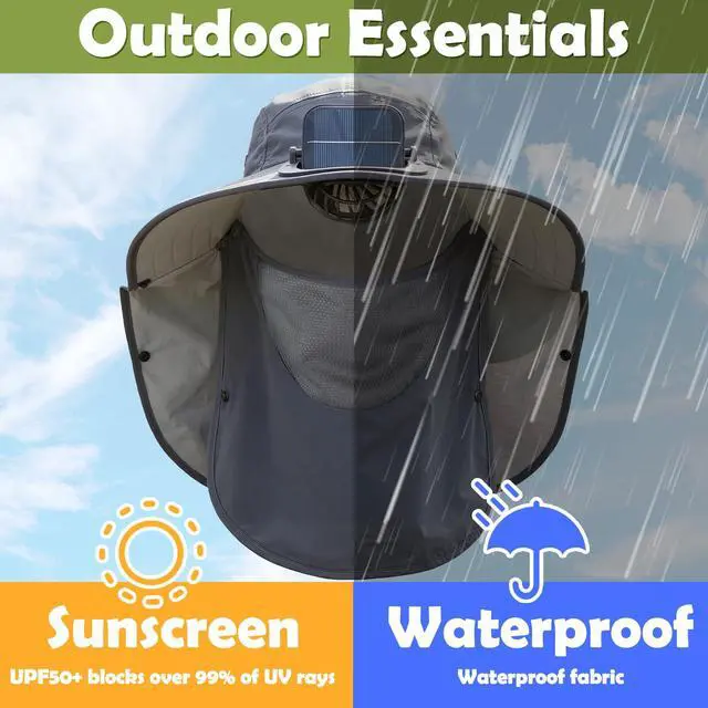 Alt view image 3 of 7 - Solar Fan Hat Outdoor Fishing Hat with Neck Flap and Face Mask USB and Solar Powered for Men Women Sun Protection(Dark Gray)