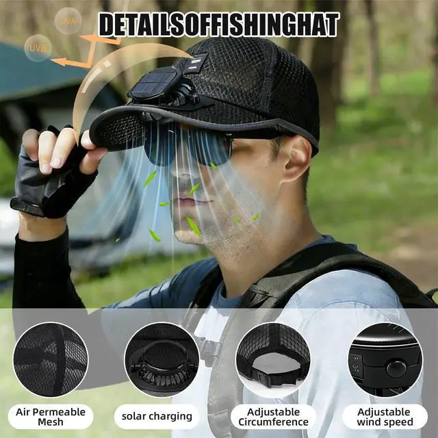 Alt view image 2 of 7 - Men Women Solar Powered Fan Hat Cooling Baseball Hat Fishing Camping Beach Hats with Solar Fans Summer USB Charging Sun Hats Black
