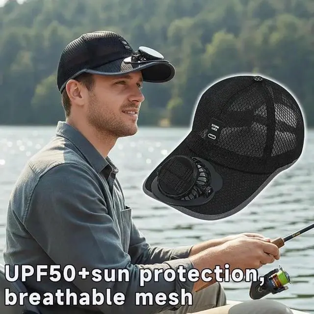 Alt view image 4 of 7 - Men Women Solar Powered Fan Hat Cooling Baseball Hat Fishing Camping Beach Hats with Solar Fans Summer USB Charging Sun Hats Black