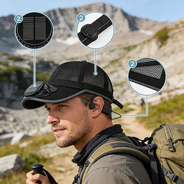 Alt view image 4 of 6 - Men Women Solar Powered Fan Hat Cooling Baseball Hat Perfect for Watching Soccer Matches, Summer Beach Fishing Camping Sun Hat Black