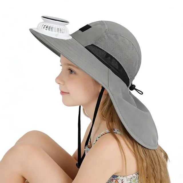 Alt view image 3 of 7 - Kids Boys Girls Solar Powered Fan Hat Wide Brim Beach Fishing Sun Hat Solar Fan/USB Charging Sunhat Summer Cooling Fan Hats Dark Grey