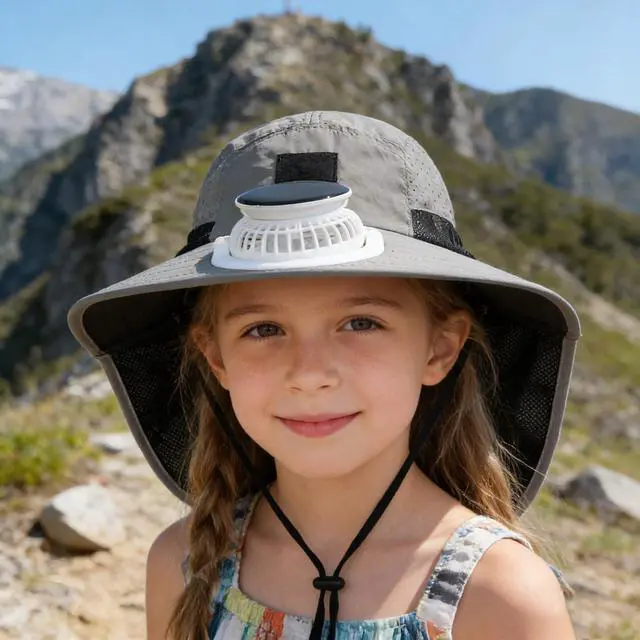 Alt view image 4 of 7 - Kids Boys Girls Solar Powered Fan Hat Wide Brim Beach Fishing Sun Hat Solar Fan/USB Charging Sunhat Summer Cooling Fan Hats Dark Grey