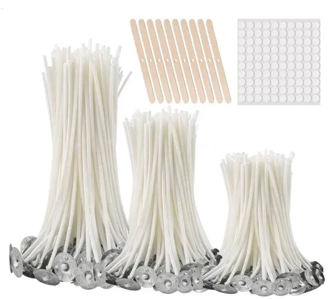 Main image of 300Pcs Functional Smokeless Candle Wicks - Pre Waxed Cotton Wick with Metal Sustainer Tabs for Pillar Candle Making and DIY, 9cm/3.5in, 15cm/6in, 20cm/8in