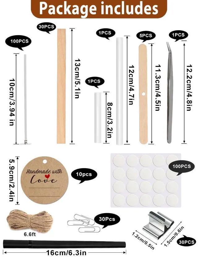 Alt view image 3 of 7 - 130 Pcs Candle Wicks for Candle Making Kit: 100 Cotton & 30 Wood Wicks with Complete Tool Set (Wick Holders, Wick Stickers, Candle Tabs, Tweezers, Pen), for Soy Beeswax DIY Candles