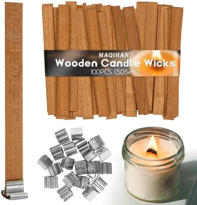 Main image of 100 Wood Wicks for Candles Making - Smokeless Wooden Candle Wicks | Crackling Candle Wax Wood Wick, mechas para velas, Candle Making Wicks for Paraffin, Soy Wax Candlemaking Supplies(50 Sets)