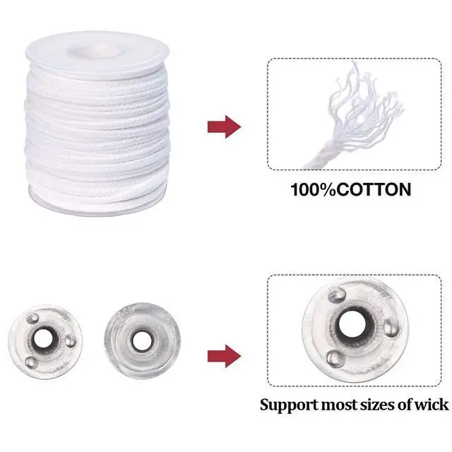 Alt view image 2 of 7 - 131 ft Braided Cotton Wicks 60 PLY for 6" Candle Pillars, Paraffin, Soy, Beeswax Candle Making, 200 PCS Wick Sustainer Tabs 14mm