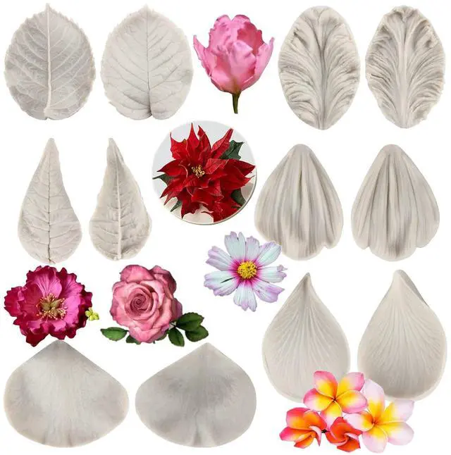 Main image of Flower Silicone Veining Mold Rose Veined Fondant Mold Set of 6 | Gum Paste Peony Flower Mold Daisy Flower Plumeria Orchid Petal Molds Sugar Craft Cake Decorating Candy Chocolate Polymer Clay