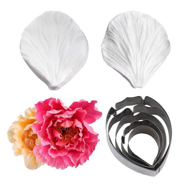 Alt view image 4 of 7 - 5pcs Stainless Steel Peony Cutter 2pcs Fondant Silicone Mold Gumpaste Peony Sugarcraft Flower Veining Mold Veiner Petal Making Tool