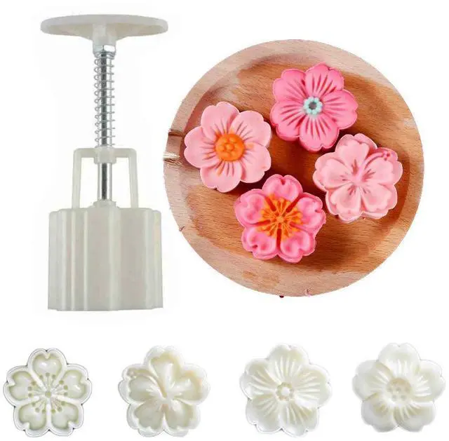 Main image of Moon Cake Mold Set 4pcs 50g Cookie Stamps, Cherry Blossom Floral Mid Autumn Festival DIY Hand Press Cookie Dessert Cutter Pastry Decoration Flower Impressions Tool Mooncake Maker (50g)