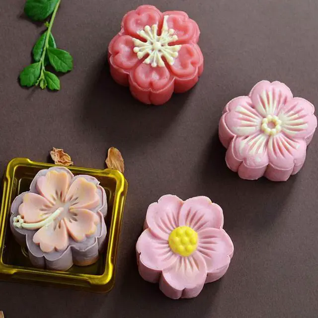 Alt view image 6 of 7 - Moon Cake Mold Set 4pcs 50g Cookie Stamps, Cherry Blossom Floral Mid Autumn Festival DIY Hand Press Cookie Dessert Cutter Pastry Decoration Flower Impressions Tool Mooncake Maker (50g)