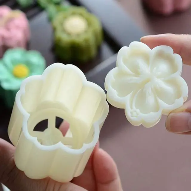 Alt view image 7 of 7 - Moon Cake Mold Set 4pcs 50g Cookie Stamps, Cherry Blossom Floral Mid Autumn Festival DIY Hand Press Cookie Dessert Cutter Pastry Decoration Flower Impressions Tool Mooncake Maker (50g)