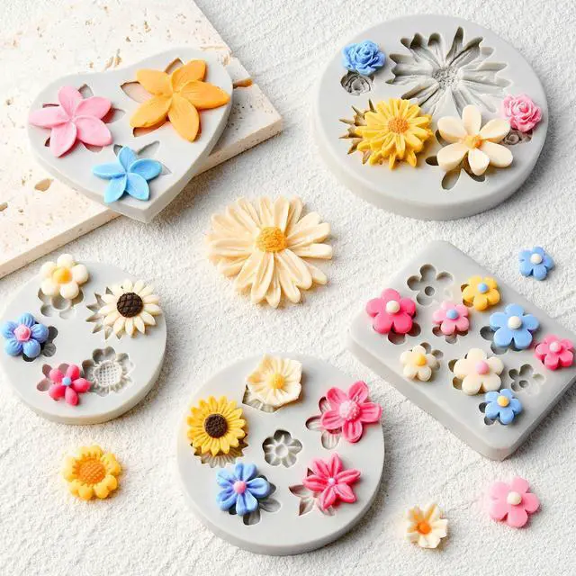 Alt view image 4 of 7 - Silicone Flower Fondant Molds, 5Pcs | Non Stick, Daisy Sunflower Chocolate Molds, For Dessert Cake Decorating, Cupcake Topper, Cake Pop, Candy