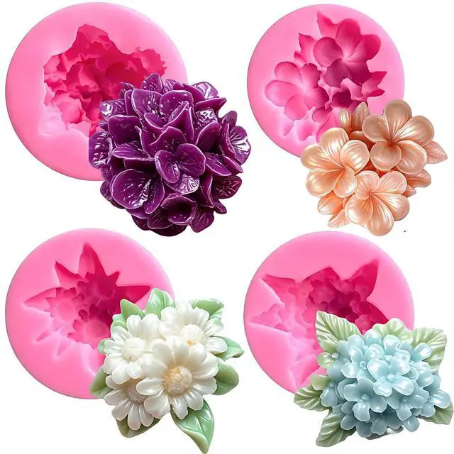 Main image of 4 Pcs Flower Silicone Molds, Flower Candle Molds for Candle Making,3D Floral Silicone Resin Mold Daisy Hydrangea Fondant Mold for Chocolate Cake Decorating Soap Wax Resin Craft