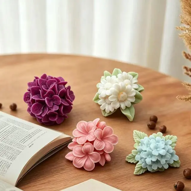 Alt view image 2 of 7 - 4 Pcs Flower Silicone Molds, Flower Candle Molds for Candle Making,3D Floral Silicone Resin Mold Daisy Hydrangea Fondant Mold for Chocolate Cake Decorating Soap Wax Resin Craft