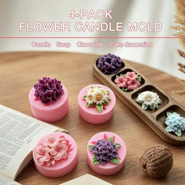 Alt view image 4 of 7 - 4 Pcs Flower Silicone Molds, Flower Candle Molds for Candle Making,3D Floral Silicone Resin Mold Daisy Hydrangea Fondant Mold for Chocolate Cake Decorating Soap Wax Resin Craft