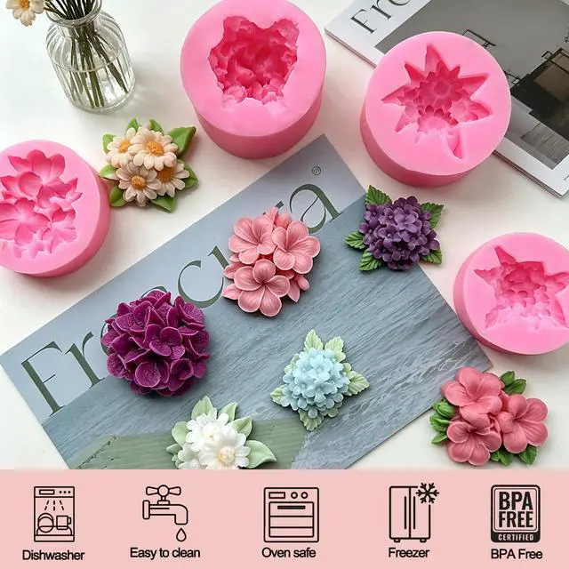 Alt view image 6 of 7 - 4 Pcs Flower Silicone Molds, Flower Candle Molds for Candle Making,3D Floral Silicone Resin Mold Daisy Hydrangea Fondant Mold for Chocolate Cake Decorating Soap Wax Resin Craft