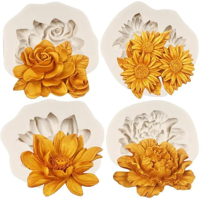 Main image of Rose Flower Silicone Mold Sunflower Peony Fondant Molds Set of 4 | Lotus Flower Silicone Mold Wedding Birthday Party Cake Decoration Chocolate Candy Cupcake Topper Gum Paste Polymer Clay