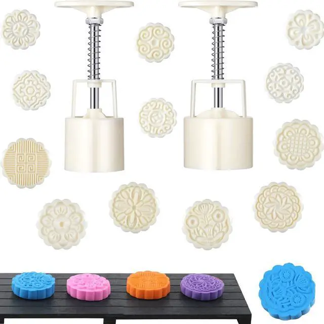 Main image of 14 Pieces Bath Bomb Mold Kit Plastic Moon Cake Flowers Mold Supplies Press Includes 2 Pcs Shower Steamer Bath Bombs Press with 12 Pieces Stamps for Supply Making DIY Tools