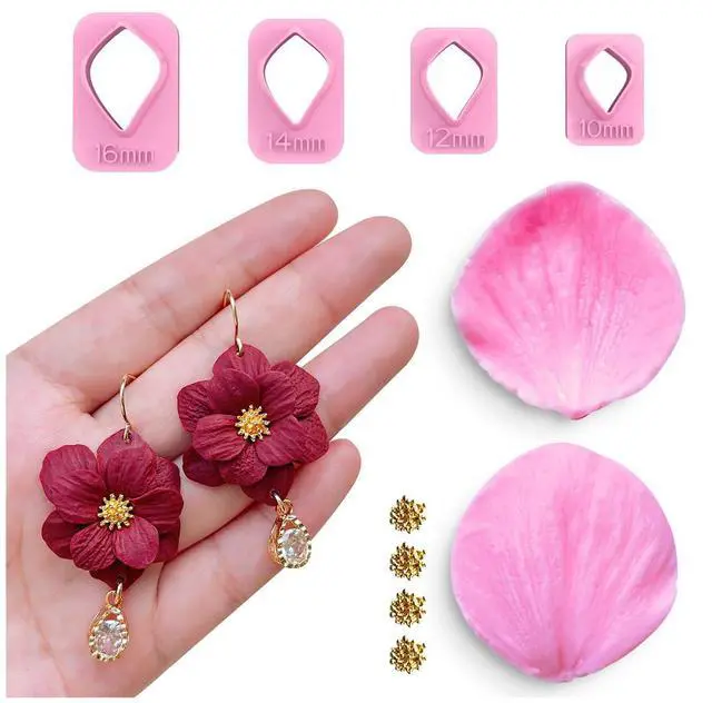 Main image of Flower Petal Clay Cutters - Polymer Clay Cutters for Earrings Making, 4 Shapes with Polymer Clay Petal Press Mold, Clay Cutters for Polymer Clay Jewelry (A)