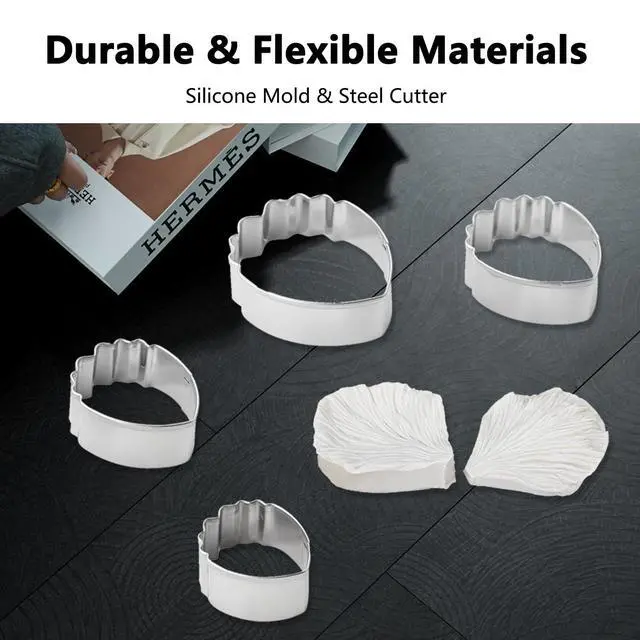 Alt view image 4 of 7 - Peony Flower Mold Fondant Cutter Kit with Veiner Tools 4pcs Stainless Steel Petal Cutters 2pcs Sugar Veining Mold Clay Baking Molds for Gumpaste Flowers Drying and Cake Making Decorations