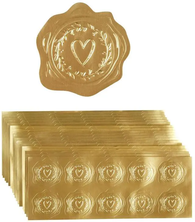 Main image of 300 Pieces Embossed Gold Foil Stickers, Gold Heart-Love | For Envelopes, Wedding Invitations, Christmas Greeting Cards