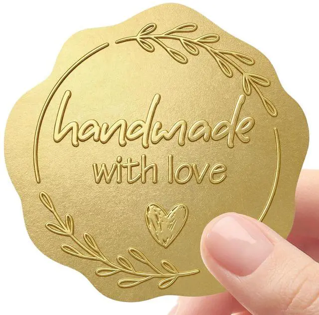 Main image of Handmade with Love Gold Foil Stickers, Pack of 100 Embossed Matte Gold Seals for Bakery Packaging, Treat Bags, Pastry Boxes, Small Business Thank You Labels for Gift Wrapping, 1.7 Inch (Gold)