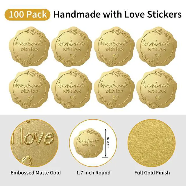 Alt view image 2 of 7 - Handmade with Love Gold Foil Stickers, Pack of 100 Embossed Matte Gold Seals for Bakery Packaging, Treat Bags, Pastry Boxes, Small Business Thank You Labels for Gift Wrapping, 1.7 Inch (Gold)