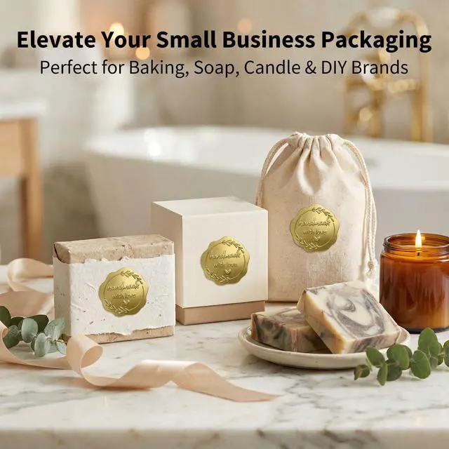 Alt view image 4 of 7 - Handmade with Love Gold Foil Stickers, Pack of 100 Embossed Matte Gold Seals for Bakery Packaging, Treat Bags, Pastry Boxes, Small Business Thank You Labels for Gift Wrapping, 1.7 Inch (Gold)