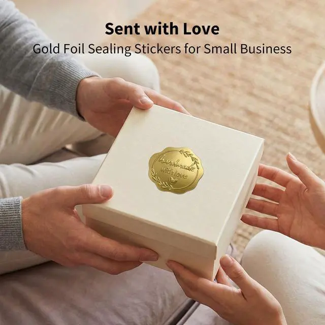 Alt view image 7 of 7 - Handmade with Love Gold Foil Stickers, Pack of 100 Embossed Matte Gold Seals for Bakery Packaging, Treat Bags, Pastry Boxes, Small Business Thank You Labels for Gift Wrapping, 1.7 Inch (Gold)